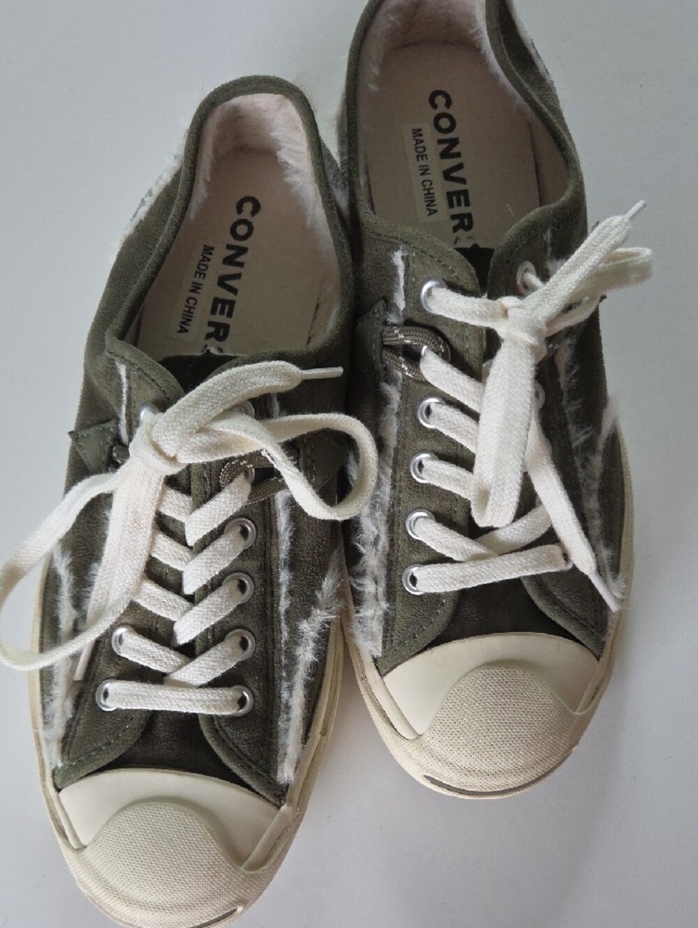 Converse Jack Purcell Olive Green Faux Fur Frayed Distressed Suede Sneakers 7